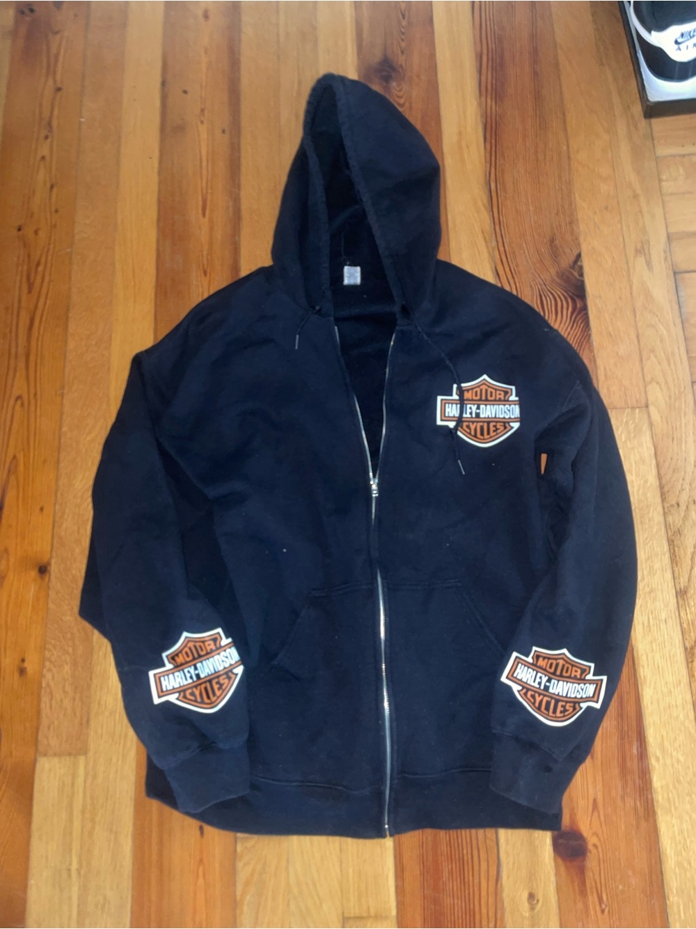 Women’s Harley-Davidson Black Hooded Zip Jacket with Orange Shield Patches